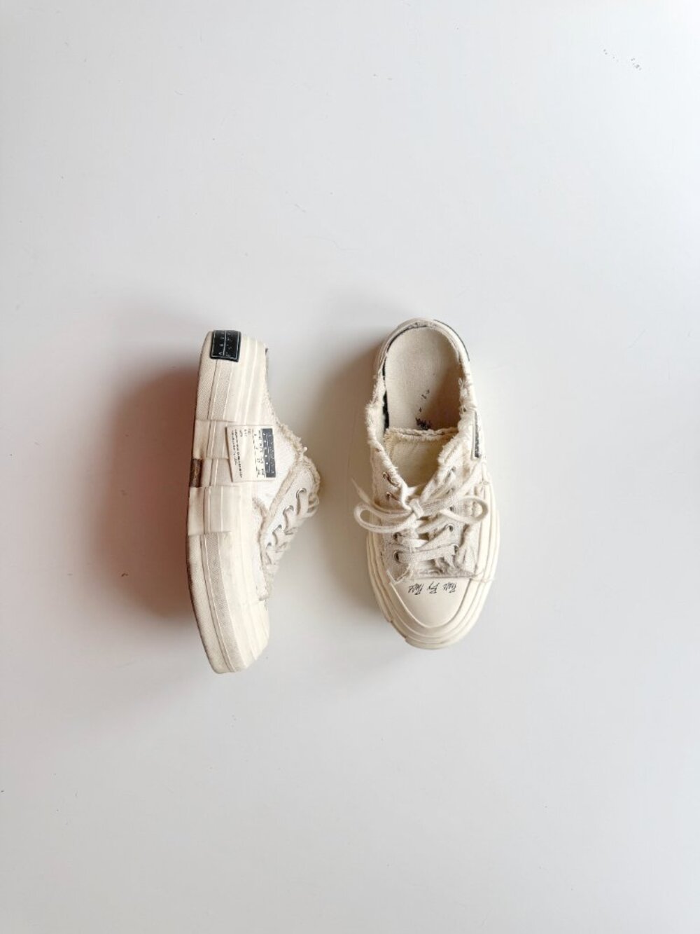 xVESSEL G.O.P. White Frayed Canvas "Peace By Piece" Slip On Sneakers, Size M5/W7